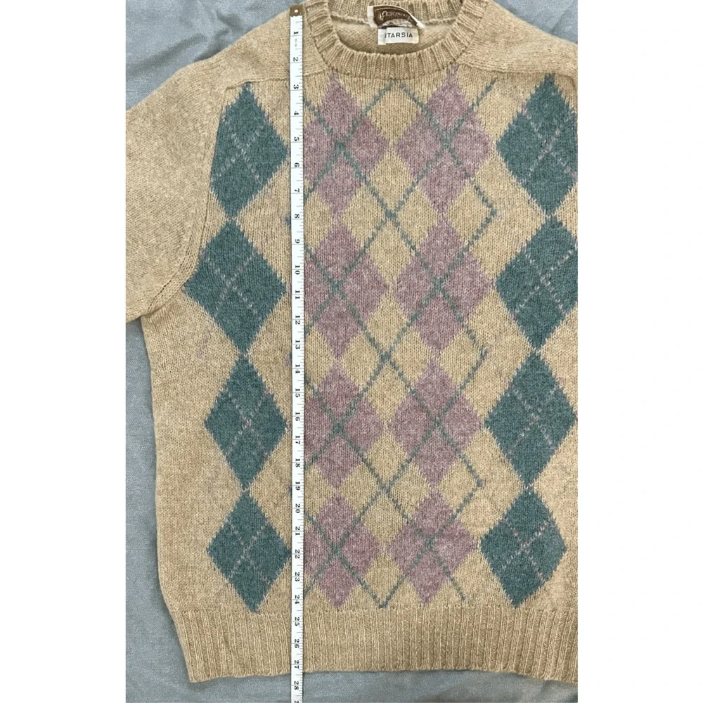 Vintage Trident 100% Shetland Wool Tan Teal Purple Argyle Scotland Sz XL